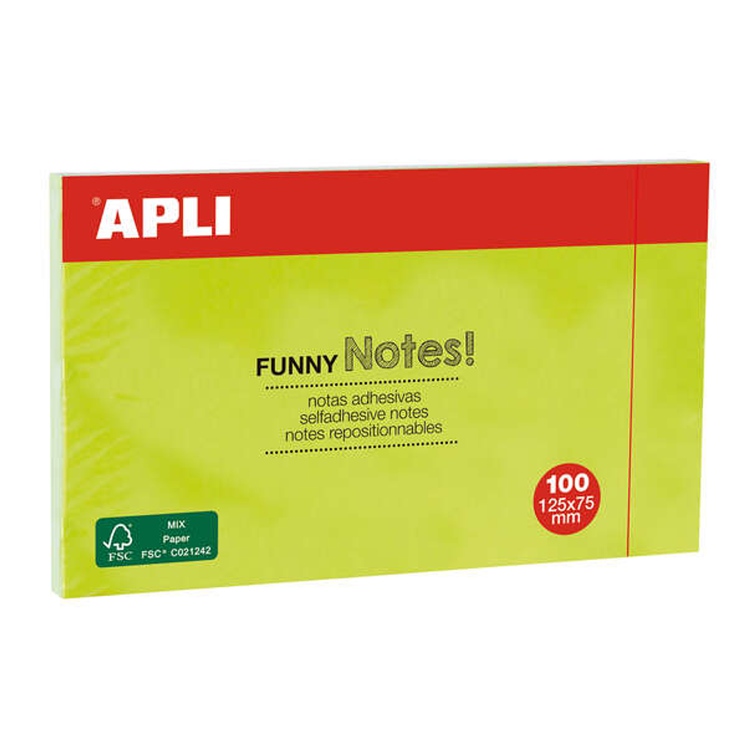 Apli Notas Adhesivas Funny 125x75mm - Bloc de 100 Hojas - Adhesivo de Calidad - Facil de Despegar - Color Verde Fluorescente 1