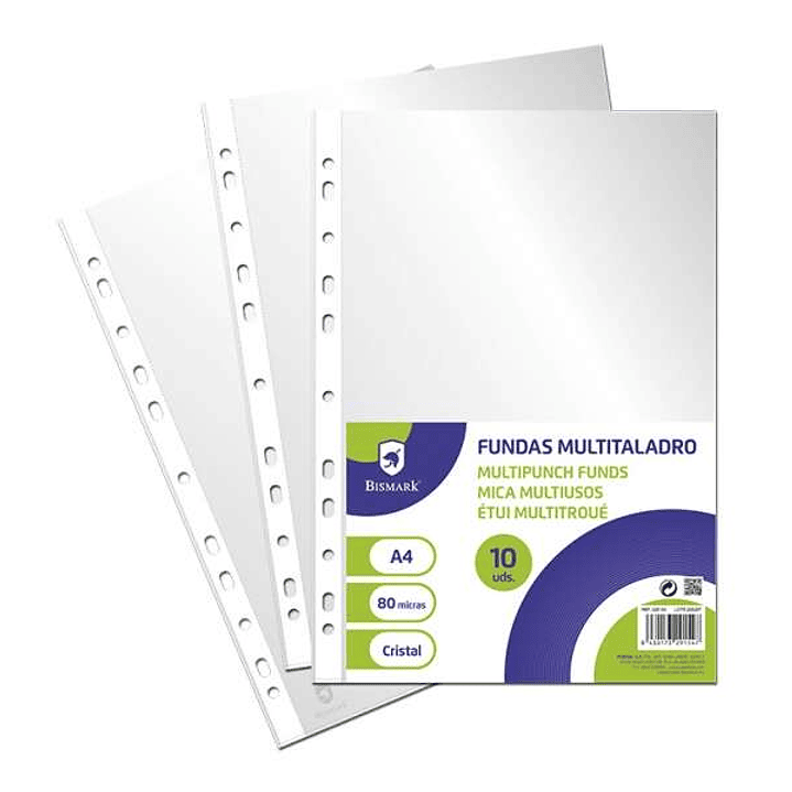 Bismark Pack de 10 Fundas Multitaladro Tamaño A4 80 Micras - Acabado en Cristal - Ideal para Carpetas con Mecanismo de Anillas - Disponible en Varios  1
