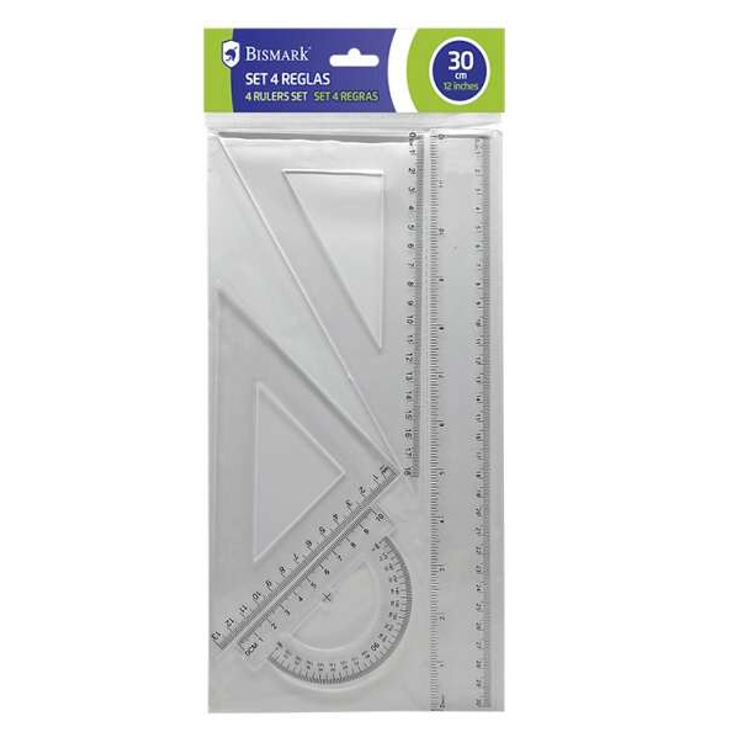 Bismark Quality Pack de 4 Reglas para Dibujo - Incluye Regla 30cm, Escuadra 13cm, Cartabon 18cm y Transportador 10cm - Graduados y Biselados - Ideal p 1