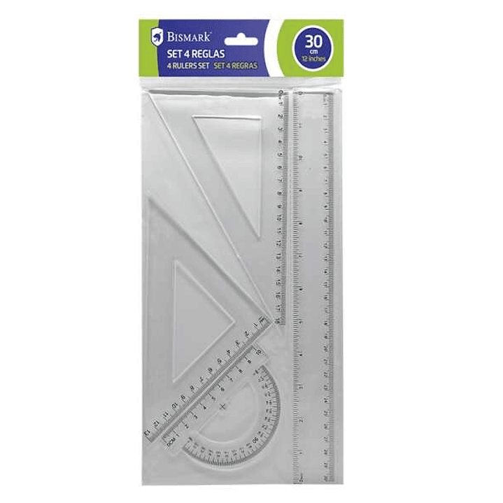 Bismark Quality Pack de 4 Reglas para Dibujo - Incluye Regla 30cm, Escuadra 13cm, Cartabon 18cm y Transportador 10cm - Graduados y Biselados - Ideal p 1