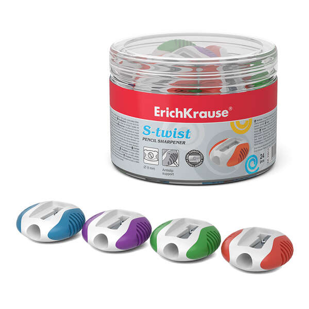Erichkrause S-Twist Sacapuntas de Plastico con Bordes de Goma Antideslizantes - Orificio de 8mm - Cuchilla en Forma de Espiral - Color Surtido 1