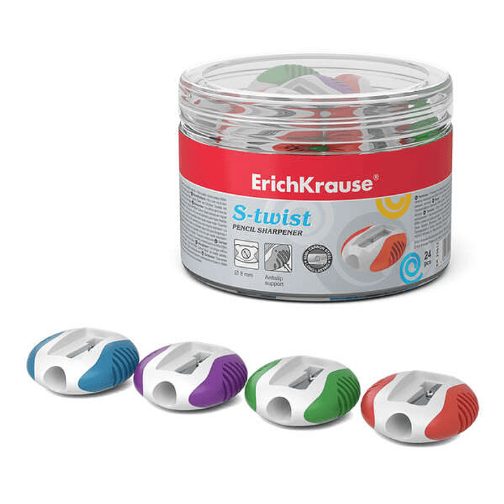 Erichkrause S-Twist Sacapuntas de Plastico con Bordes de Goma Antideslizantes - Orificio de 8mm - Cuchilla en Forma de Espiral - Color Surtido 1