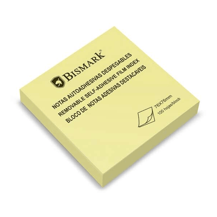Bismark Taco de 100 Notas Adhesivas 76x76mm - Adhesion Fuerte - Facil de Usar - Color Amarillo 1
