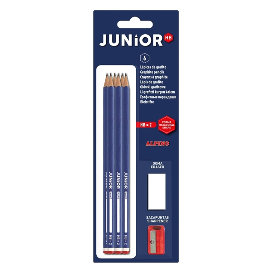 Alpino Junior Blister de 6 Lapices de Grafito HB + Sacapunta + Goma de Borrar - Espacio para el Nombre 1