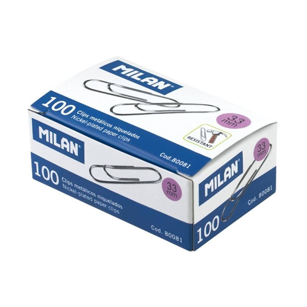 Milan Caja de 100 Clips Labiados Niquelados 33mm 1