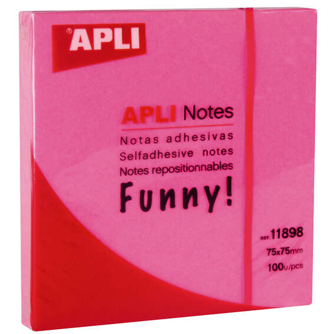 Apli Funny Bloc de 100 Notas Adhesivas 75x75mm - Adhesivo de Calidad - Facil de Despegar - Color Rosa Fluor 1