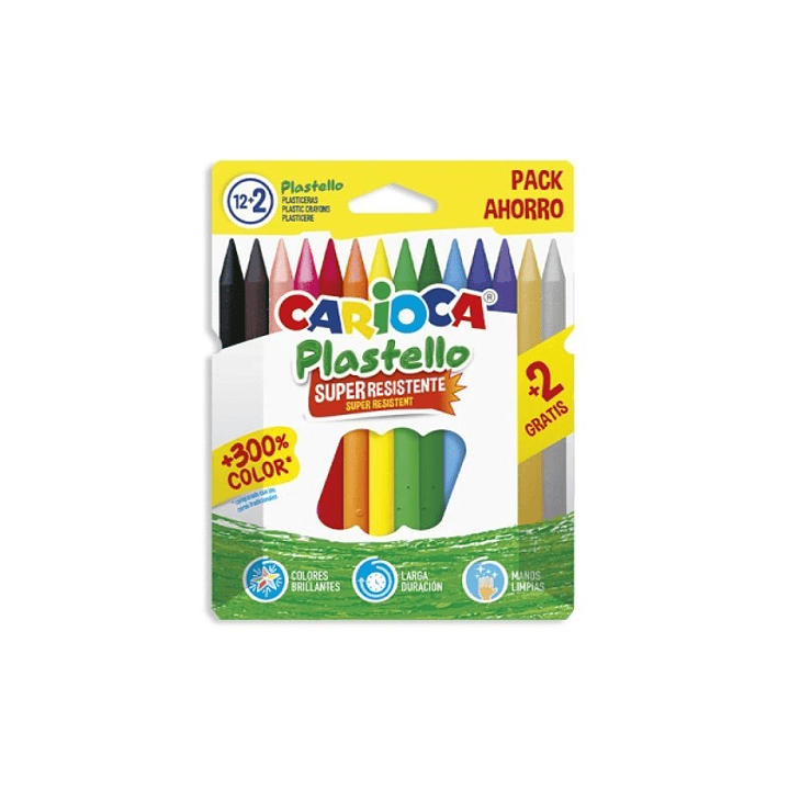 Carioca Plastello Pack de 12+2 Plasticeras  - Extra Limpias - No Dejan Color en las Manos - Faciles de Afilar - Colores Surtidos Brillantes y Lavables 1