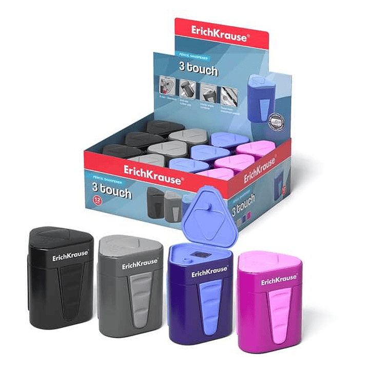 Erichkrause Sacapuntas de Plastico 3-Touch con Deposito y Tapa - Contenedor Grande para Virutas - Bordes de Goma Antideslizantes - Color Surtido 1