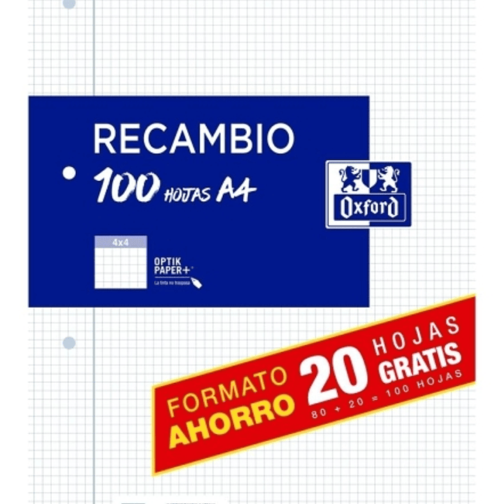 Oxford Recambio Formato A4 Cuadriculado 4x4mm 4 Taladros - 80 Hojas + 20 Gratis 90gr con Margen 1
