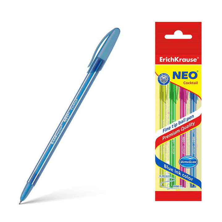Erichkrause Neo Cocktail Pack de 4 Boligrafos Stick Brillante y Desechable - Punta de Aguja Fina - Tinta Semi-Gel - Color Azul 1
