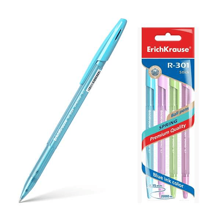 Erichkrause Pack de 4 Boligrafos R-301 Spring Stick 0.7 - Cuerpo Hexagonal Translucido - Tinta de Secado Rapido - Color Azul 1