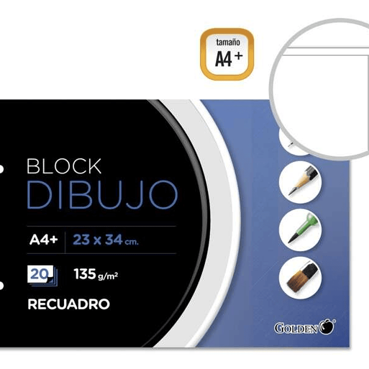 Golden Bloc de Dibujo A4+ 20 Hojas con Recuadro Interior - Papel de 135gr - Encolado con 2 Taladros 1
