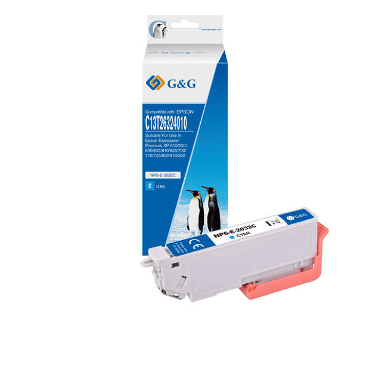 G&G Epson T2632/T2612 (26XL) Cyan Cartucho de Tinta Generico - Reemplaza C13T26324012/C13T26124012 1