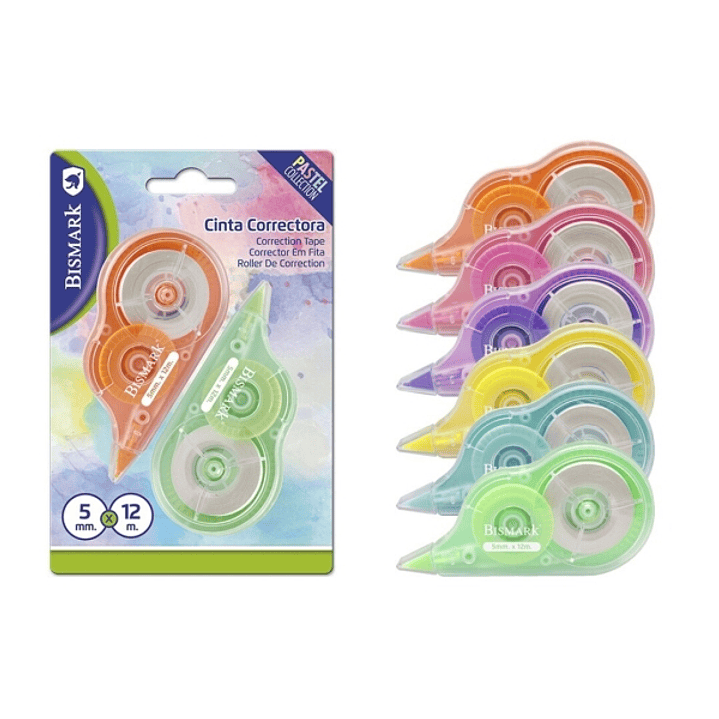 Bismark Pastel Pack de 2 Cintas Correctoras 5mmx12m - Perfecta Adherencia al Papel - Presentacion en Blister - Cuerpo de Colores Pastel Surtidos 1