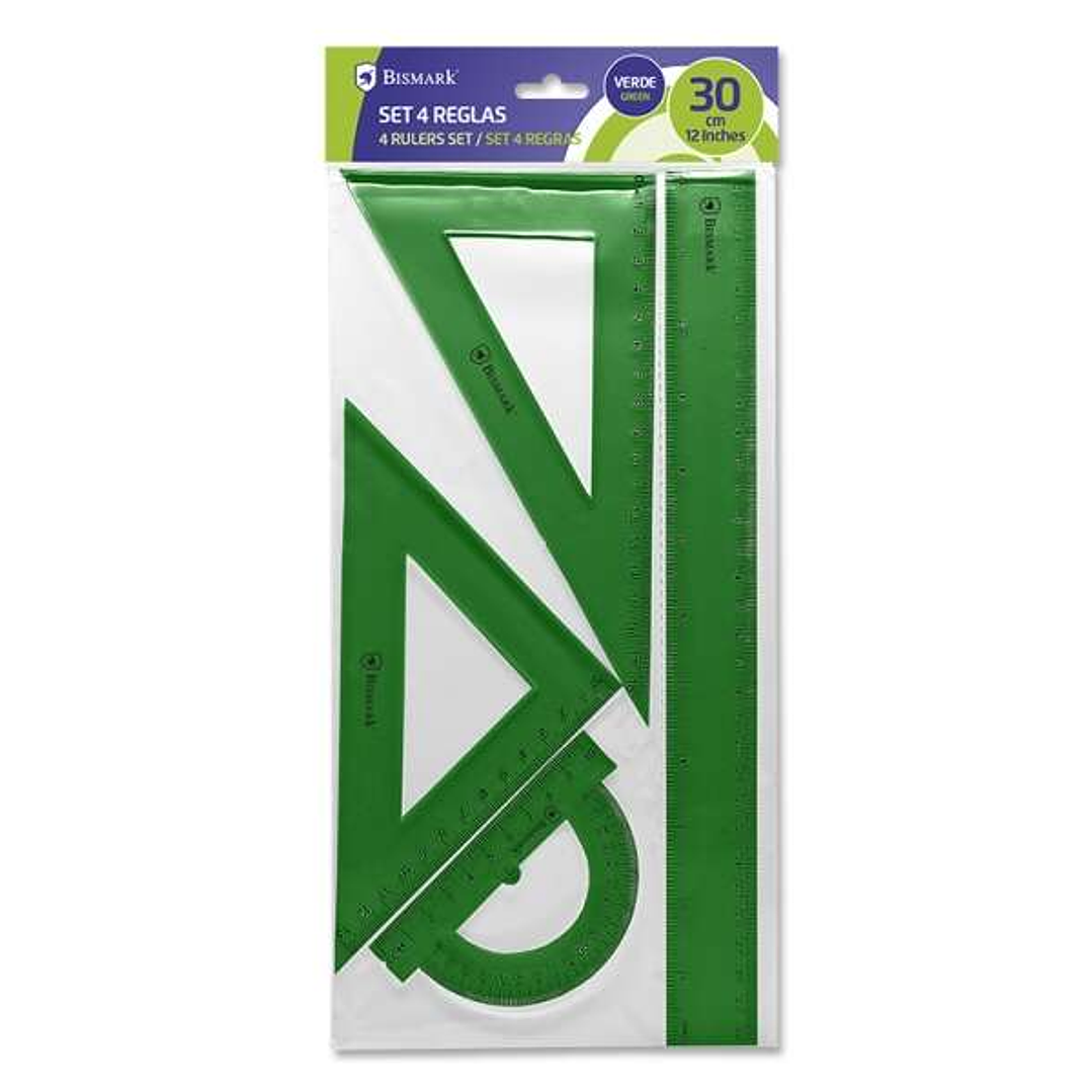 Bismark Pack de 4 Reglas de Alta Calidad - Incluye Regla 30cm, Escuadra 14cm, Cartabon 20cm y Transportador 13cm - Ideal para el Colegio - Color Verde 1