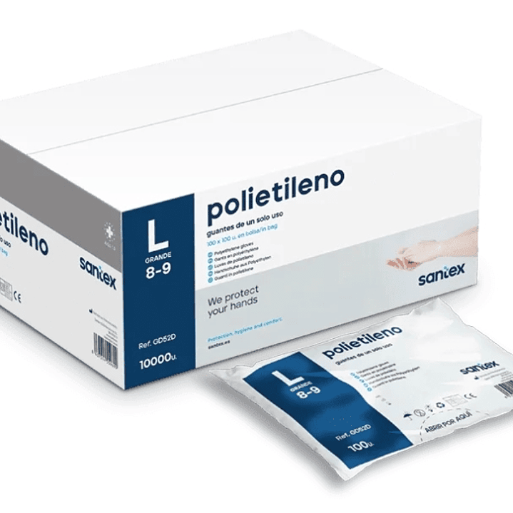 Santex Polietileno Pack de 100 Guantes de Polietileno Talla L - Sin Polvo - Libre de Latex - No Esteriles - Transparentes 1
