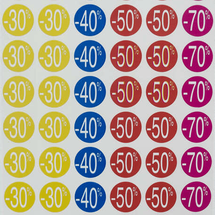 Apli Pack de 240 Etiquetas de Descuento -30%, -40%, -50%, -70% - Tamaño Ø 24mm - Forma Redonda - Colores Amarillo, Azul, Rojo y Fucsia 1