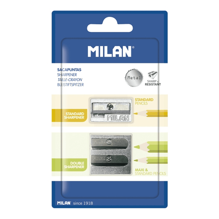 Milan Pack de 2 Sacapuntas de Aluminio Sin Deposito - 1 Estandar - 1 Doble para Normal y Maxi - Color Plata 1