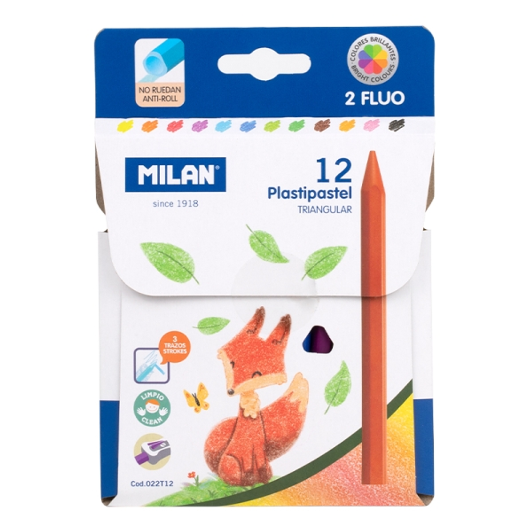 Milan Plastipastel Pack de 12 Ceras de Colores Triangulares - Contiene 2 Ceras Fluo - Colores Surtidos 1