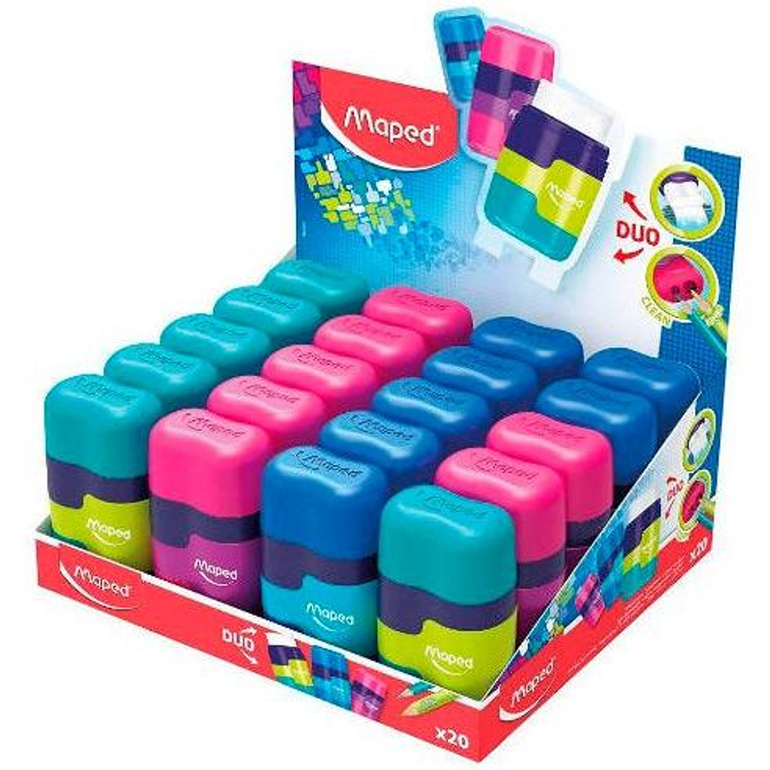 Maped Connect Duo Afilaborra de 2 Orificio con Goma de Borrar - Deposito de Gran Capacidad - Forma Ergonomica - Colores Surtidos 1