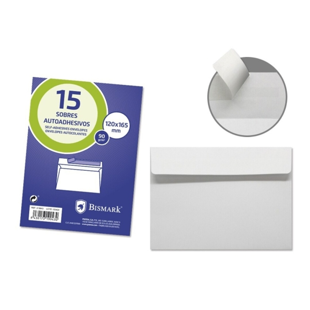 Bismark Pack de 15 Sobres Comercial Papel 90grs - Medidas 120x165mm - Cierre Autoadhesivo - Color Blanco 1