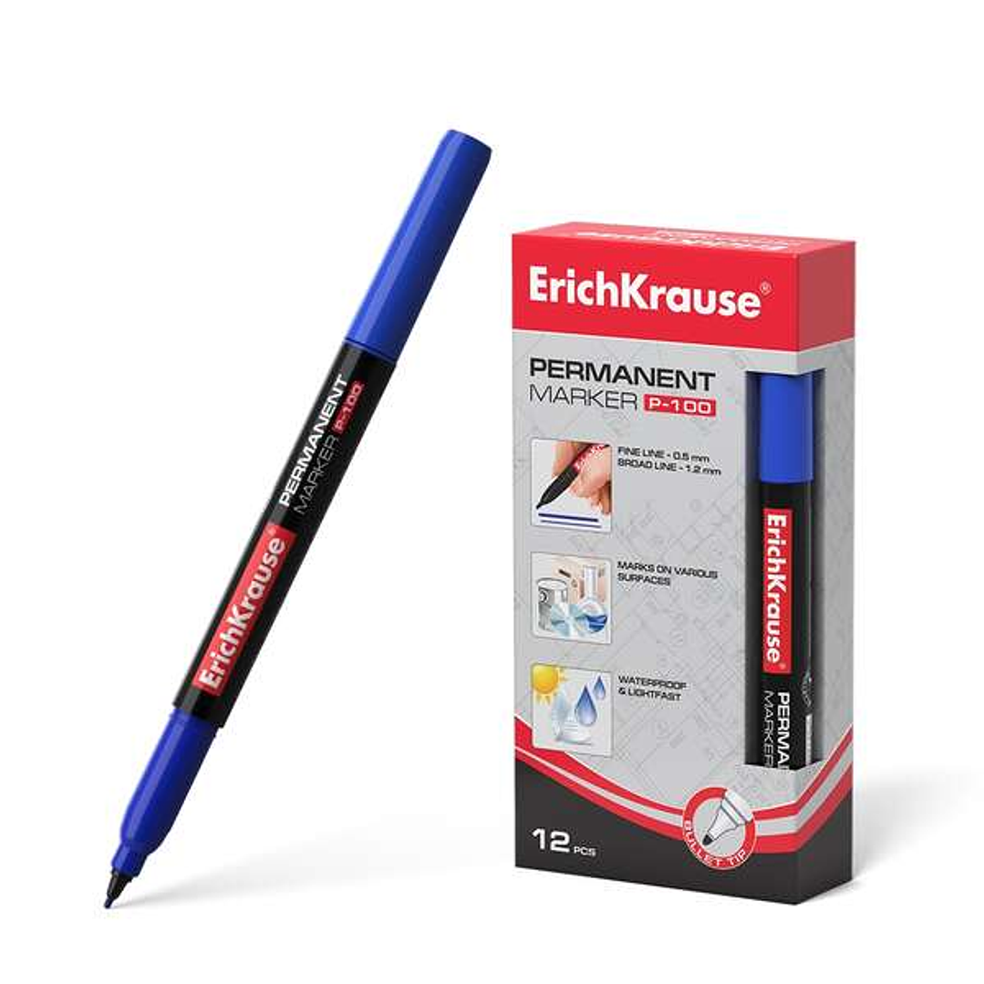 Erichkrause P-100 Marcador Permanente - Punta Fina - Trazo de 0.5 a 1.2mm - Resistente al Agua y a los Rayos UV - Color Azul 1