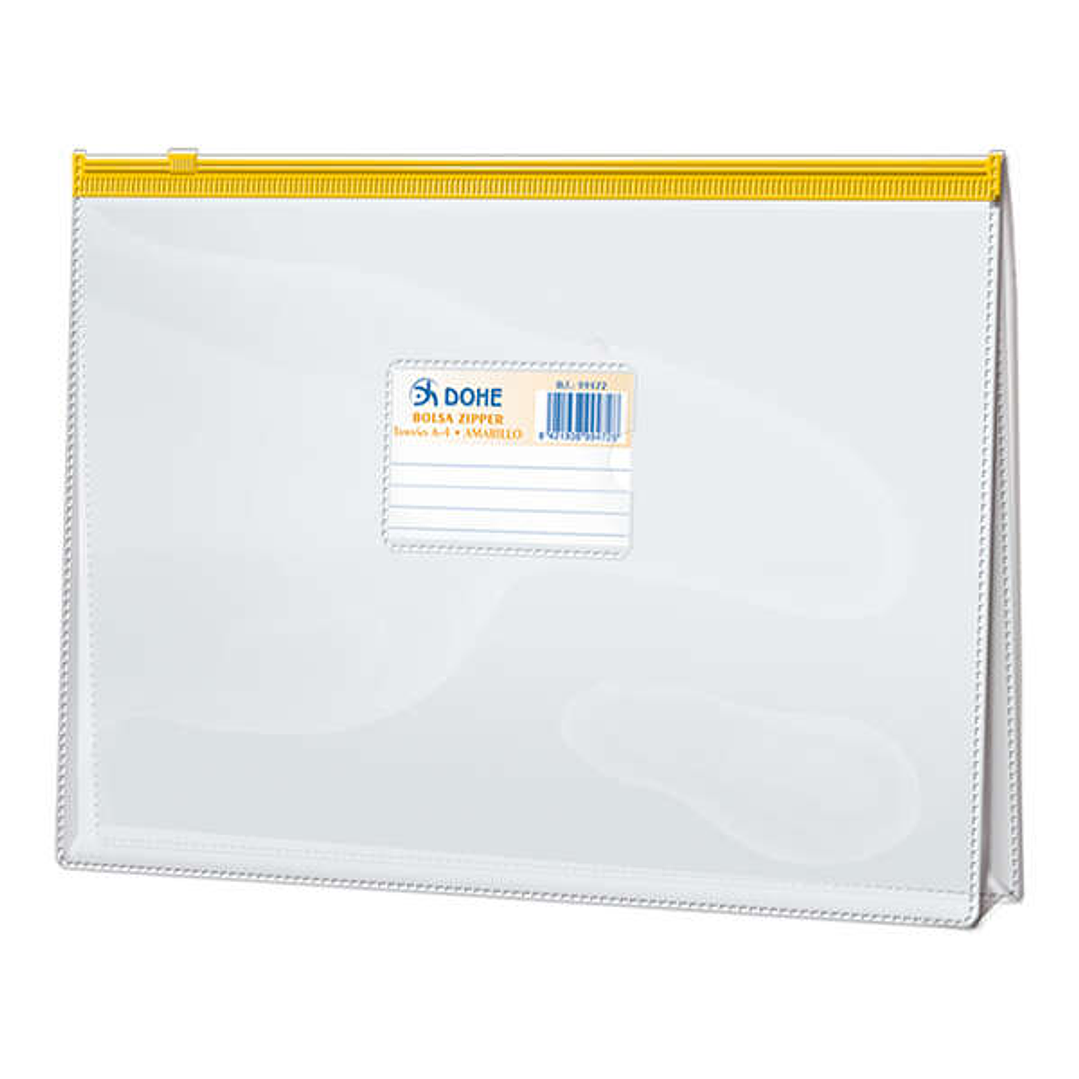 Dohe Bolsa Zipper Folio Apaisado PVC Transparente 150 Micras - Apertura Superior - Cierre Zip Hermetico en Color Amarillo 1