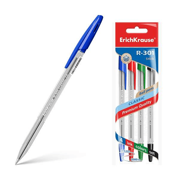 Erichkrause R-301 Pack de 4 Boligrafos de Bola Punta 1.0mm - Trazo 0.5mm - Tinta de Secado Rapido - Cuerpo Transparente - Capuchon Ventilado - Colores 1