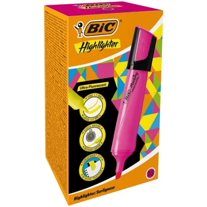 Bic Marking Highlighter Flat Marcador Fluorescente - Punta Biselada - Trazo entre 1.70 y 4.80 mm - Tinta con Base de Agua - Color Rosa 1