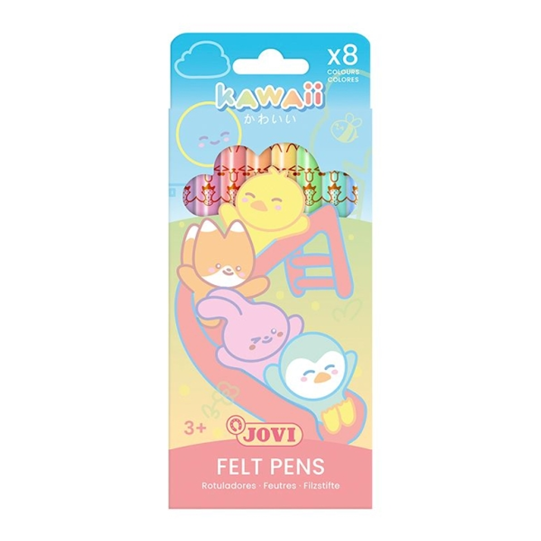 Jovi Kawaii Felt Pens Pack con 8 Rotuladores Punta Media de 3mm - Capuchon de Seguridad Ventilado - Grip Triangular Ergonomico - Colores Surtidos 1