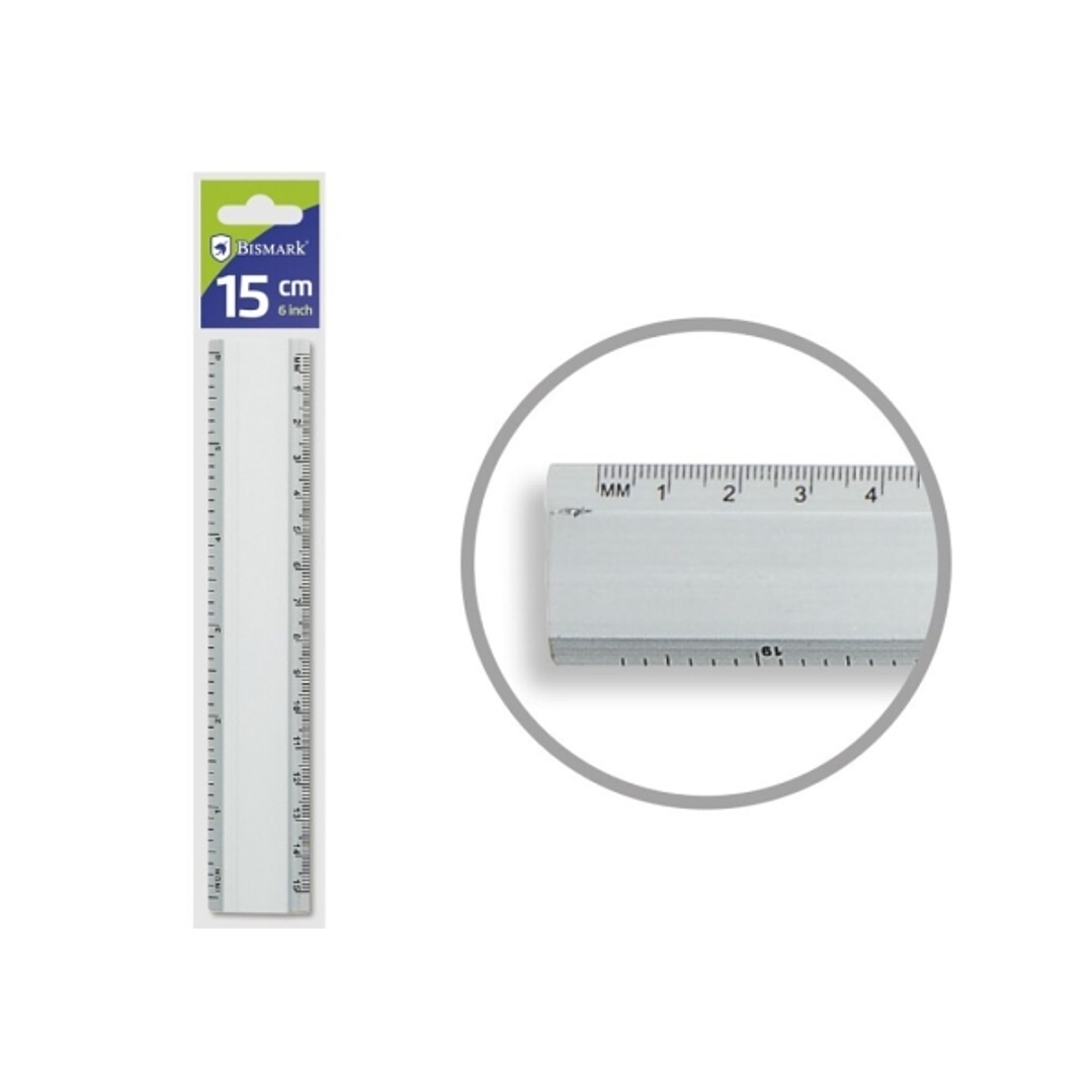 Bismark Regla Milimetrada 15cm - Fabricada en Aluminio - Con Bisel para las Lineas a Tinta - Color Aluminio 1