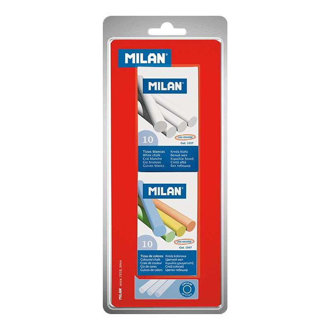 Milan Pack de 2 Cajas de 10 Tizas, 1xCaja Tizas Blancas, 1x Caja Tizas Colores - Redondas - No Contienen Caseina - Colores Surtidos 1