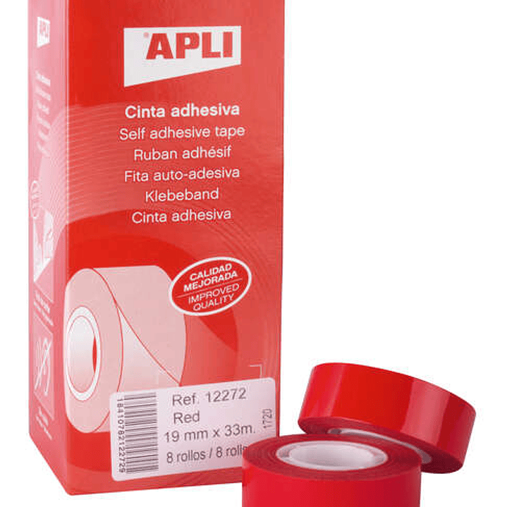 Apli Cinta Adhesiva Roja 19mm x 33m - Resistente al Desgarro - Facil de Cortar - Ideal para Manualidades y Embalaje - Rojo 1