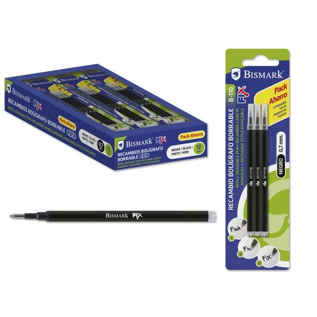 Bismark Fix Pack de 3 Recambios para Boligrafo Borrable - Punta Fina 0.7mm - Color Negro 1
