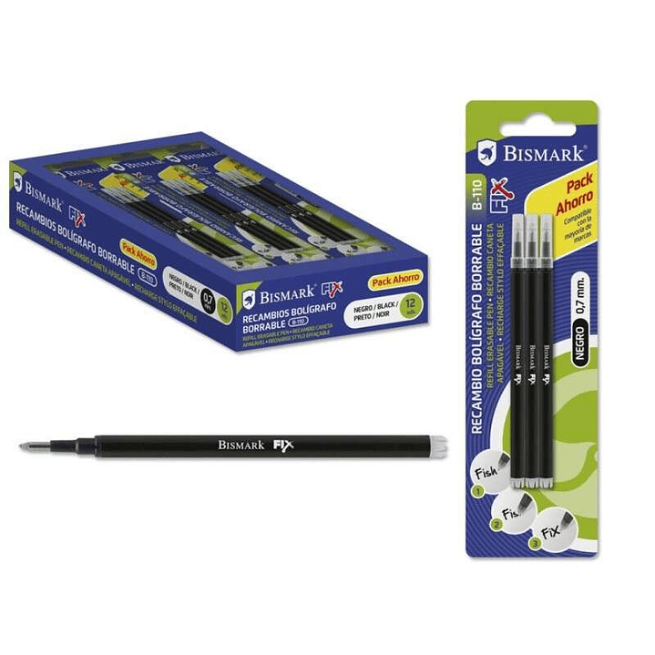Bismark Fix Pack de 3 Recambios para Boligrafo Borrable - Punta Fina 0.7mm - Color Negro 1