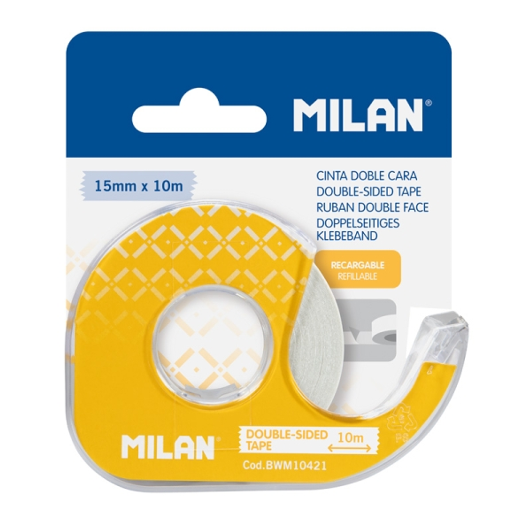 Milan Portarrollos con Cinta Adhesiva de Doble Cara - Hoja de Corte Metalica - 15mm x 10m - Color Amarillo 1