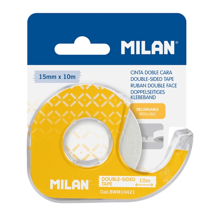 Milan Portarrollos con Cinta Adhesiva de Doble Cara - Hoja de Corte Metalica - 15mm x 10m - Color Amarillo 1