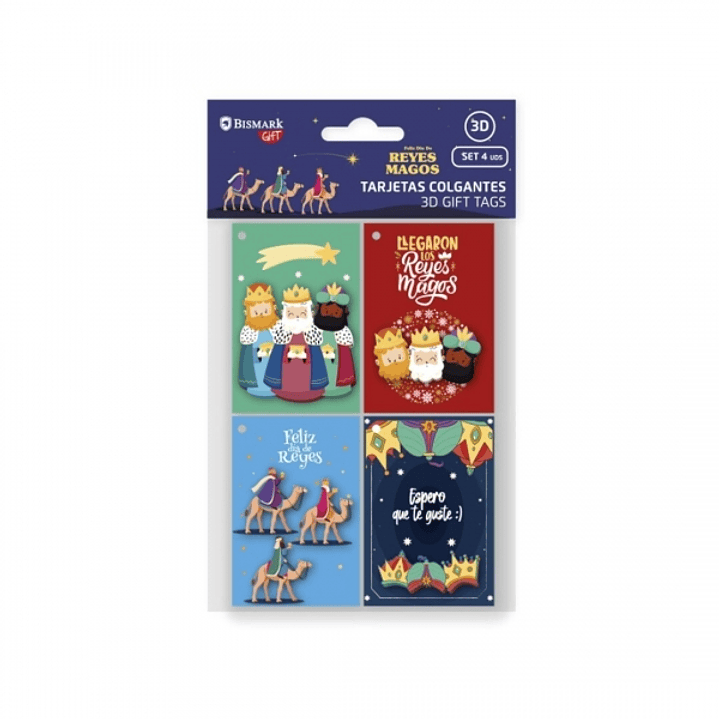 Bismark Pack de 4 Tarjetas de Felicitacion Navideña - Diseño con Relieve - Tamaño Cerrada 6x8cm,Abierta 12cm - Se Pueden Colgar - Incluyen Cordon 1