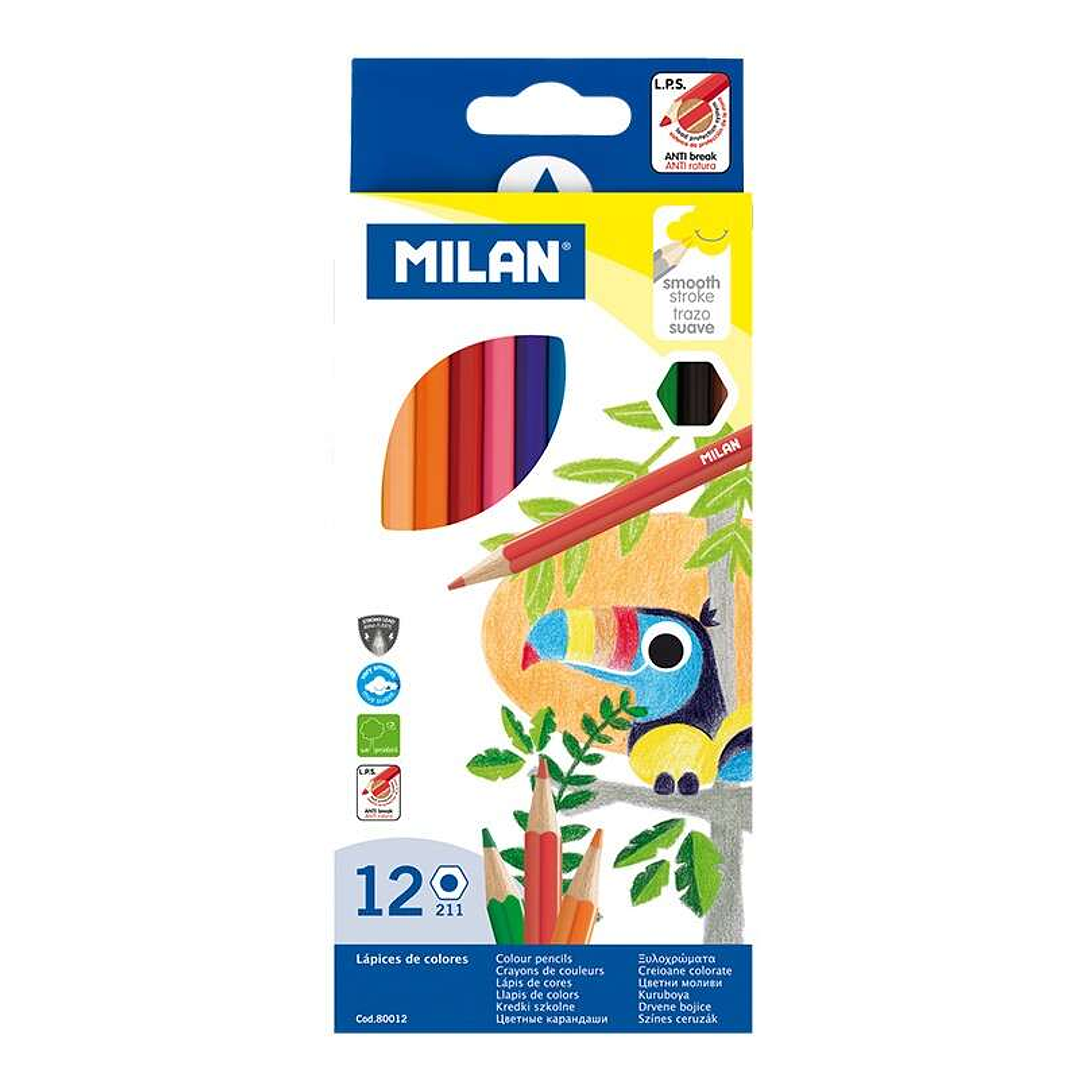 Milan Pack de 12 Lapices Hexagonales de Colores - Mina 2.9mm - Trazo Uniforme - Resistente a la Rotura - Colores Surtidos 1