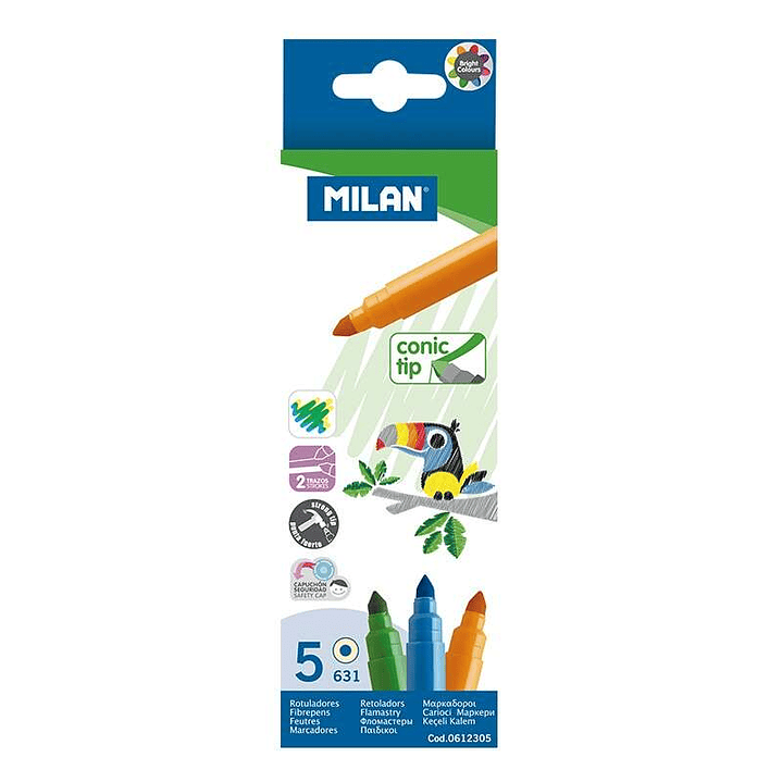 Milan Pack de 5 Rotuladores - Punta Conica 5mm - Tinta al Agua - Lavable - Colores Surtidos 1