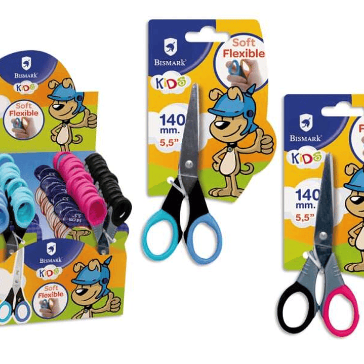 Bismark Kids Soft Flex Tijera Escolar 14cm - Hojas de Acero Inoxidable - Mangos Soft Flex - Punta Roma - 2 Diseños Surtidos 1