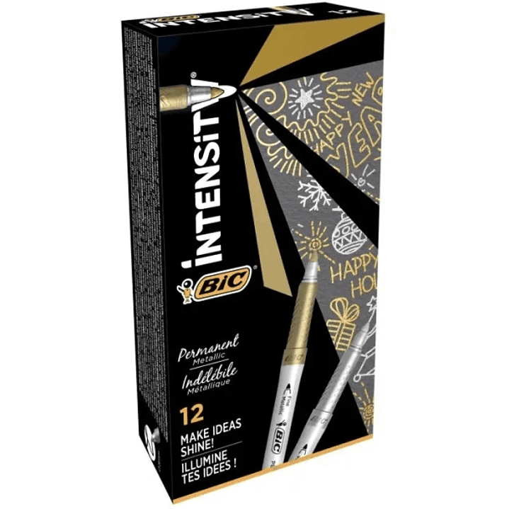 Bic Intensity Metallic Rotulador Permanente - Punta Media 1.8mm - Trazo 0.8mm - Grip Texturizado - Color Oro y Plata 1
