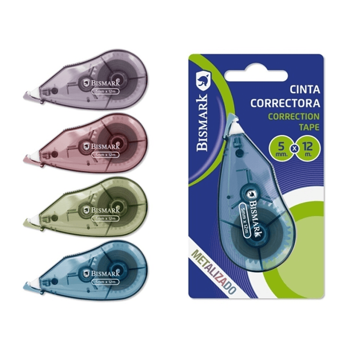 Bismark Metallic Cinta Correctora 5mmx12m - Perfecta Adherencia al Papel - Presentacion en Blister - Cuerpo de Colores Efecto Metalizado Surtidos 1