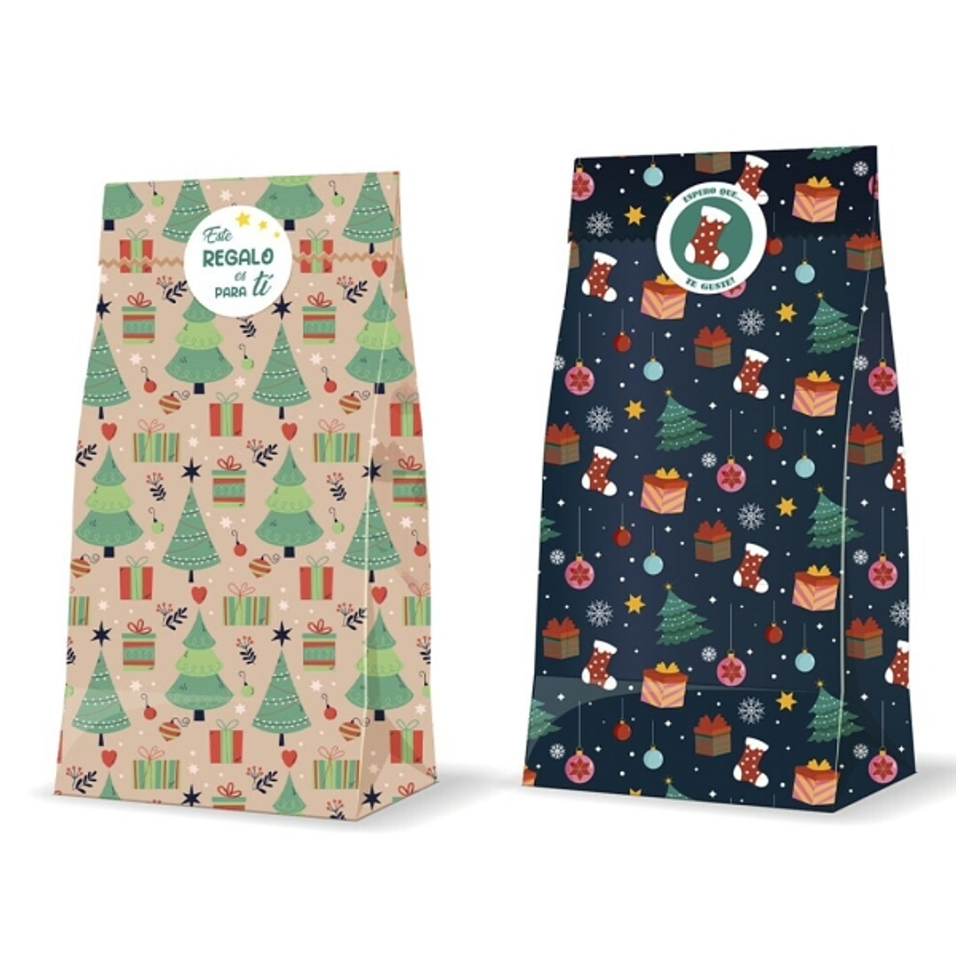 Bismark Pack de 3 Sobres Papel Kraft 60grs con 3 Pegatinas para Cierre - Medidas 20x42x8cm - Ideal para Regalos - 2 Diseños Navideños Aleatorios 1
