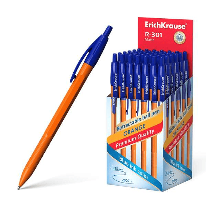 Erichkrause R-301 Naranja Matic Boligrafo Retractil Punta 0.7mm - Cuerpo Hexagonal Opaco - Tinta de Secado Rapido - Color Azul 1