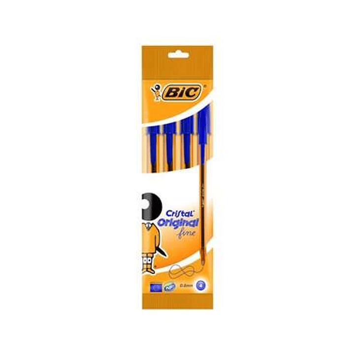 Bic Cristal Original Fine Pack de 4 Boligrafos de Bola - Punta Redonda de 0.8mm - Trazo de 0.3mm - Tinta con Base de Aceite - Color Azul 1
