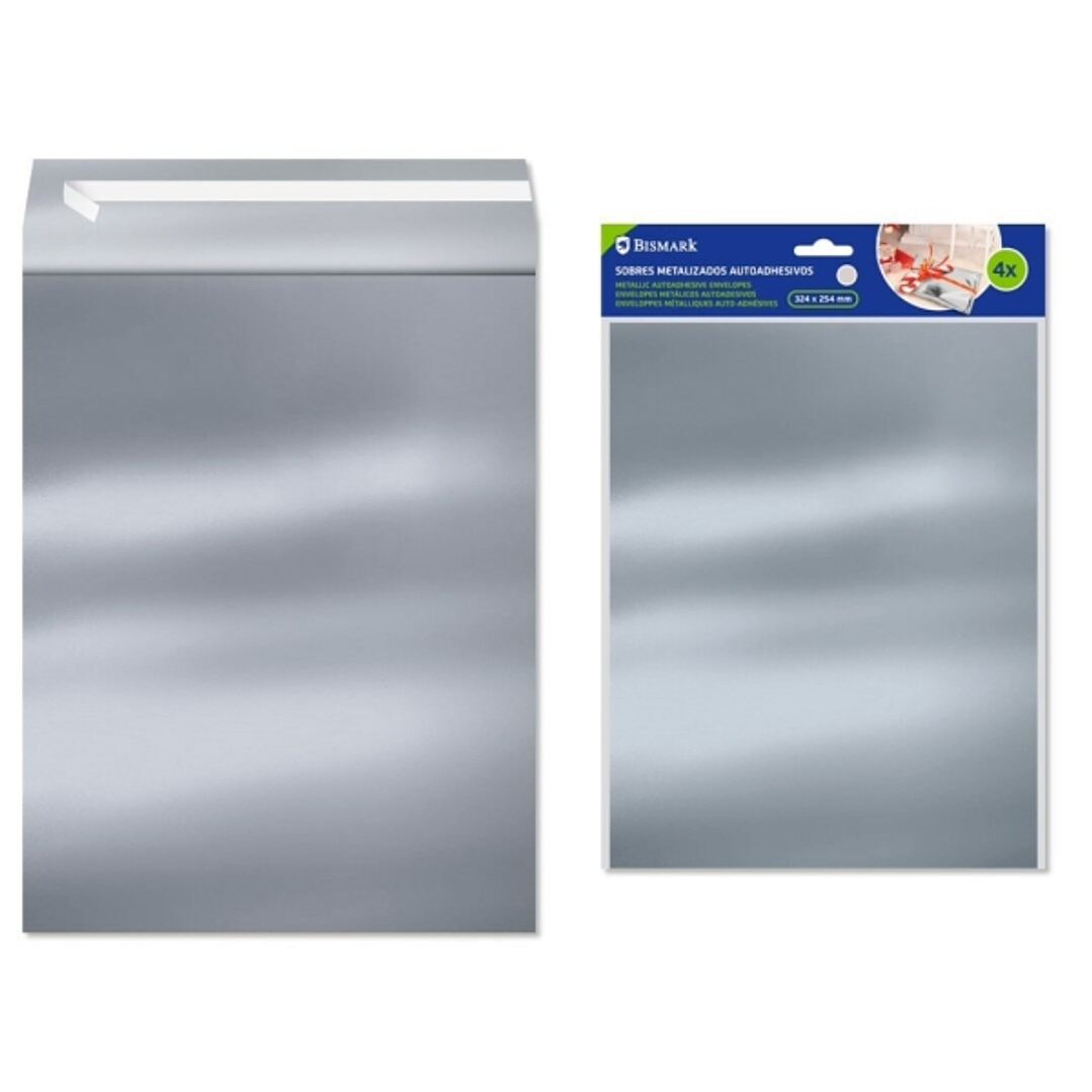 Bismark Pack de 4 Sobres Metalizados - Medidas 324x254mm - Cierre Autoadhesivo - Ideal para Regalos - Color Plata 1