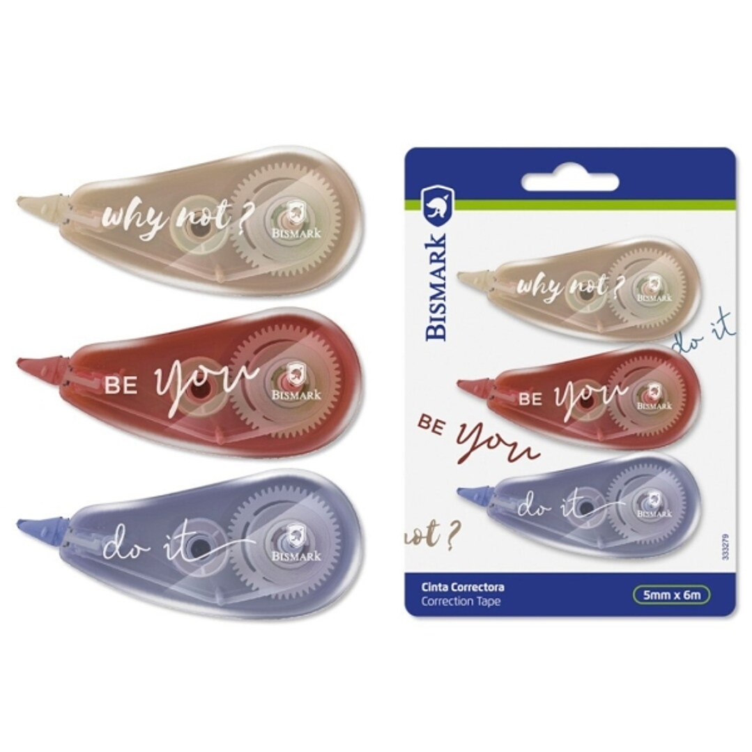 Bismark Be You Pack de 3 Cintas Correctoras 5mmx6m - Perfecta Adherencia al Papel - Presentacion en Blister - Cuerpo de Suaves Colores Morandi 1