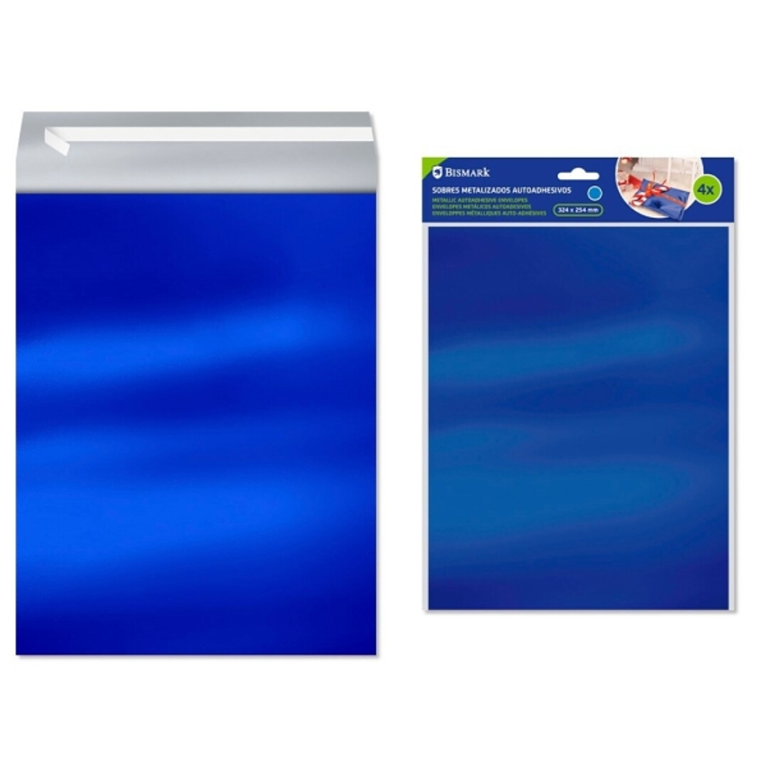 Bismark Pack de 4 Sobres Metalizados - Medidas 324x254mm - Cierre Autoadhesivo - Ideal para Regalos - Color Azul Metalizado 1