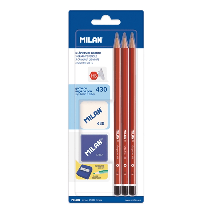 Milan Pack de 3 Lapices HB + Sacapuntas + Goma de Borrar 430 - Hexagonales - Color Rojo 1